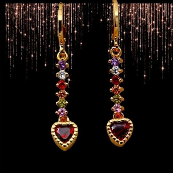 Red & Multi Colored Sapphire 18K Gold Drop Earrings 925 Sterling Silver Women's - Picture 7 of 7